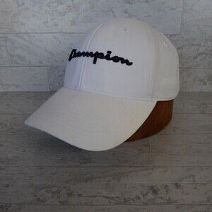 Champion Hat White Leather Strap Back Classic Spell Out Logo Adjustable